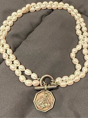 SLANE fresh water Pearl double -Strand Necklace with Silver Bee Charm 17 1/2 inc